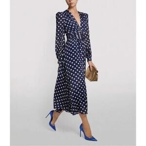 NWT Ronny Kobo Navy Maria Polka Dot Long Sleeve Low V-Neck Midi Dress Size Med